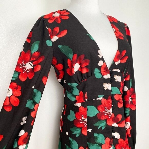 NWT U0 MICHELLE BLACK RED FLORAL LONG SLEEVE V-NECK BUTTON FRONT MINI DRESS - Picture 6 of 12